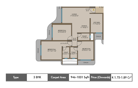 3 BHK 946 SqFt